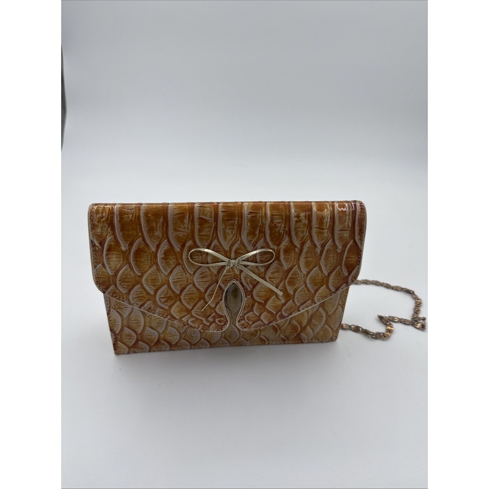 Vintage Bellini Faux Snakeskin Patent Leather Tote Clutch Purse Gold